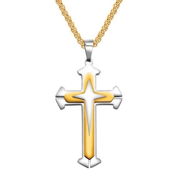❤️Gold and Silver HipHop Cross Necklace Religious, N90201P101 - Picture 6 of 7